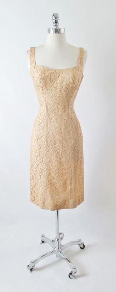 Vintage 50's Ecru Natural Lace Sheath Wiggle Special Occasion Dress S - Bombshell Bettys Vintage