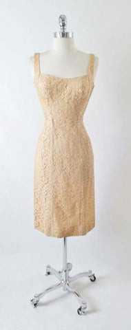 Vintage 50's Ecru Natural Lace Sheath Wiggle Special Occasion Dress S