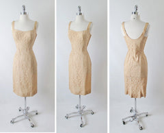 Vintage 50's Ecru Natural Lace Sheath Wiggle Special Occasion Dress S - Bombshell Bettys Vintage