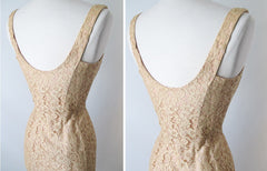 Vintage 50's Ecru Natural Lace Sheath Wiggle Special Occasion Dress S - Bombshell Bettys Vintage
