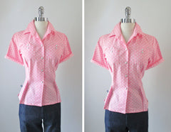 Vintage 50's Style Rockmount Ranchwear Pink White Polka Dot Western Shirt Blouse Top M - Bombshell Bettys Vintage