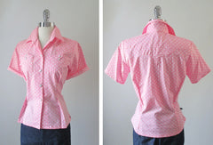 Vintage 50's Style Rockmount Ranchwear Pink White Polka Dot Western Shirt Blouse Top M - Bombshell Bettys Vintage