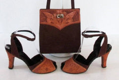 • Vintage 50's Tooled Leather Brown Suede Peep Toe Heels Matching Handbag Purse 8 - Bombshell Bettys Vintage