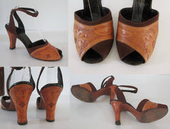 • Vintage 50's Tooled Leather Brown Suede Peep Toe Heels Matching Handbag Purse 8 - Bombshell Bettys Vintage