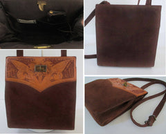 • Vintage 50's Tooled Leather Brown Suede Peep Toe Heels Matching Handbag Purse 8 - Bombshell Bettys Vintage
