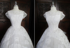 Vintage 50 White Illusion Lace Beaded Full Skirt Wedding Gown XS - Bombshell Bettys Vintage