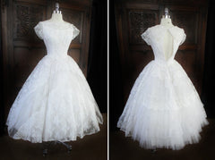 Vintage 50 White Illusion Lace Beaded Full Skirt Wedding Gown XS - Bombshell Bettys Vintage