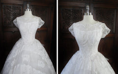 Vintage 50 White Illusion Lace Beaded Full Skirt Wedding Gown XS - Bombshell Bettys Vintage