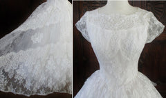 Vintage 50 White Illusion Lace Beaded Full Skirt Wedding Gown XS - Bombshell Bettys Vintage
