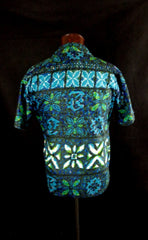 Vintage Mid Century Blue Likeke Tribal Style Floral Print Hawaiian Shirt 48 - Bombshell Bettys Vintage