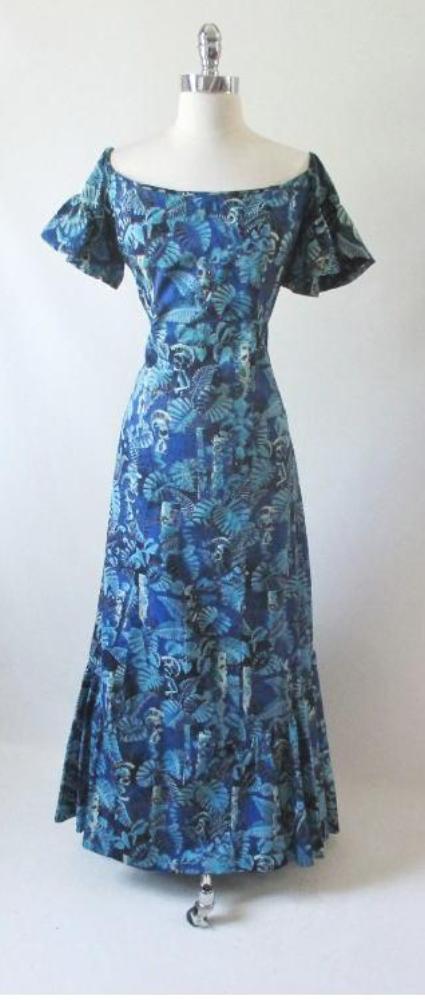 • Vintage 50's Alfred Shaheen Tiki God Mermaid Dress Rare Print L - Bombshell Bettys Vintage