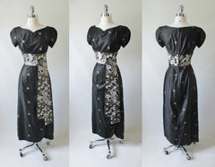 Vintage 60's / 50's Hand Painted Gold Flower Obi Sash Hawaiian Dress Full Length Gown - Bombshell Bettys Vintage