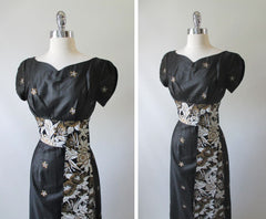 Vintage 60's / 50's Hand Painted Gold Flower Obi Sash Hawaiian Dress Full Length Gown - Bombshell Bettys Vintage