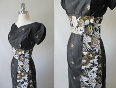 Vintage 60's / 50's Hand Painted Gold Flower Obi Sash Hawaiian Dress Full Length Gown - Bombshell Bettys Vintage