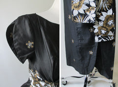 Vintage 60's / 50's Hand Painted Gold Flower Obi Sash Hawaiian Dress Full Length Gown - Bombshell Bettys Vintage