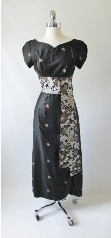 Vintage 60's / 50's Hand Painted Gold Flower Obi Sash Hawaiian Dress Full Length Gown - Bombshell Bettys Vintage