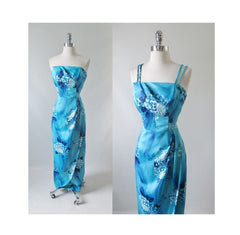 Vintage Late 60's Blue Hawaiian Sarong 50's Style Dress Full Length Strapless Gown M S - Bombshell Bettys Vintage
