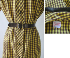 Vintage Early 60's Brown Yellow Gingham Plaid Shirt Button Day Dress & Belt M - Bombshell Bettys Vintage