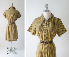 Vintage Early 60's Brown Yellow Gingham Plaid Shirt Button Day Dress & Belt M - Bombshell Bettys Vintage