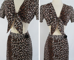 • Vintage 60's Leopard Print Tie Bra Top and Long Wrap Skirt Nightgown Lounge set XS - Bombshell Bettys Vintage
