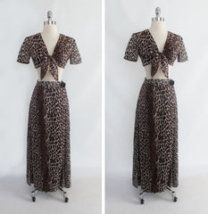 • Vintage 60's Leopard Print Tie Bra Top and Long Wrap Skirt Nightgown Lounge set XS - Bombshell Bettys Vintage