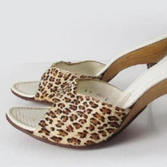 • Vintage 50's 60's Leopard Sculpted Metal Heel Atomic Wood Kitten Heels Shoes 8 - Bombshell Bettys Vintage