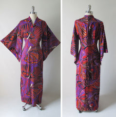 Vintage 60's Madame Butterfly Print Batwing Kimono Tunic Dress Gown - Bombshell Bettys Vintage