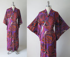 Vintage 60's Madame Butterfly Print Batwing Kimono Tunic Dress Gown - Bombshell Bettys Vintage