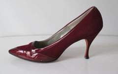 Vintage 60's Deep Red Suede & Patent Leather Pumps Heels Shoes 10.5 - Bombshell Bettys Vintage