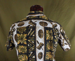 Vintage 60s Ui-Maikai Tribal Tiki Print Hawaiian Aloha Shirt 46 - Bombshell Bettys Vintage