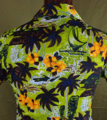 Rare Vintage Waikiki 76 Green Tiki Beach Scene Print Hawaiian Aloha Shirt – M - Bombshell Bettys Vintage