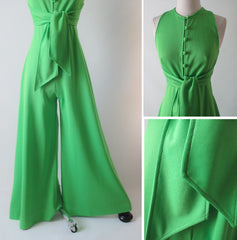 • Vintage 70's Bright Green Wrap Top Wide Leg Palazzo Pants Jumpsuit S - Bombshell Bettys Vintage