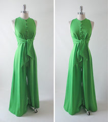• Vintage 70's Bright Green Wrap Top Wide Leg Palazzo Pants Jumpsuit S - Bombshell Bettys Vintage