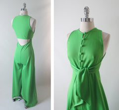 • Vintage 70's Bright Green Wrap Top Wide Leg Palazzo Pants Jumpsuit S - Bombshell Bettys Vintage
