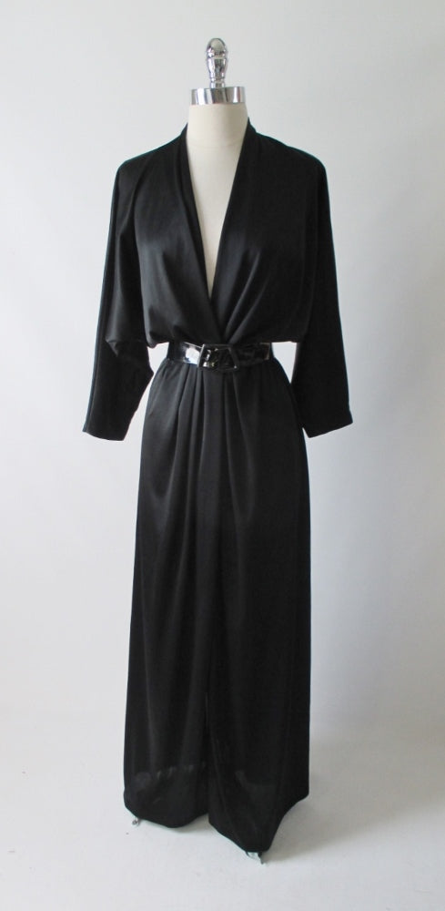 Vintage 80's Inky Black Silky Evening Gown Dress L - Bombshell Bettys Vintage