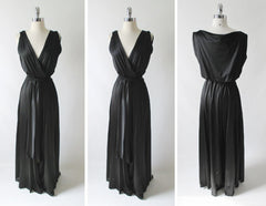 Vintage 70's Black Draped Wide Leg Palazzo Pants Jumpsuit L - Bombshell Bettys Vintage