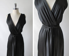 Vintage 70's Black Draped Wide Leg Palazzo Pants Jumpsuit L - Bombshell Bettys Vintage