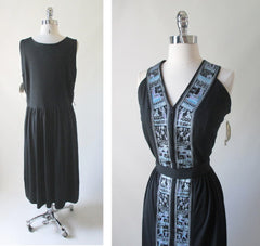 Vintage 70's Alfred Shaheen Black Egyptian Revival Hawaiian Day Dress New 1X 18 - Bombshell Bettys Vintage