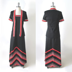 Vintage 70's Chevron Stripe Dress & Sweater / Jacket Set M