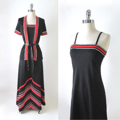 Vintage 70's Chevron Stripe Dress & Sweater / Jacket Set M