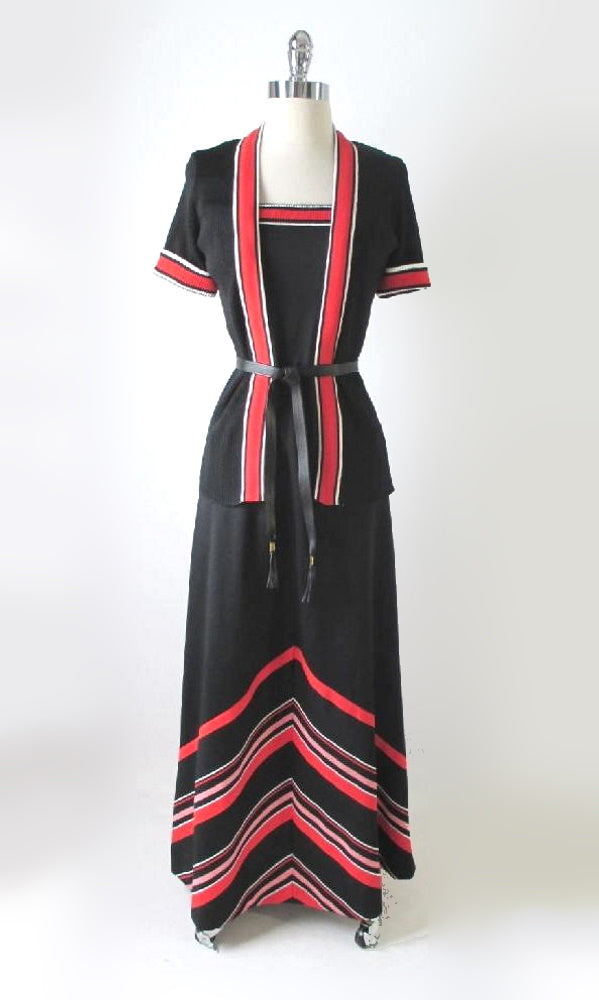Vintage 70's Chevron Stripe Dress & Sweater / Jacket Set M