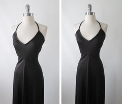 Vintage 70's Slinky Black Disco Halter Maxi Dress - Bombshell Bettys Vintage