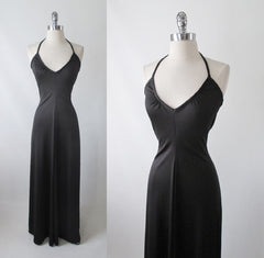 Vintage 70's Slinky Black Disco Halter Maxi Dress - Bombshell Bettys Vintage