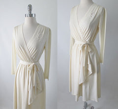 Vintage 70's 40's Style Cream Crepe Long Sleeve Day Dress M - Bombshell Bettys Vintage