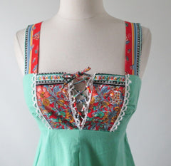 Vintage 70's Green Lace Up Flower Hippie Dress XXS - Bombshell Bettys Vintage