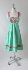Vintage 70's Green Lace Up Patchwork Flower Hippie Dress XS - Bombshell Bettys Vintage