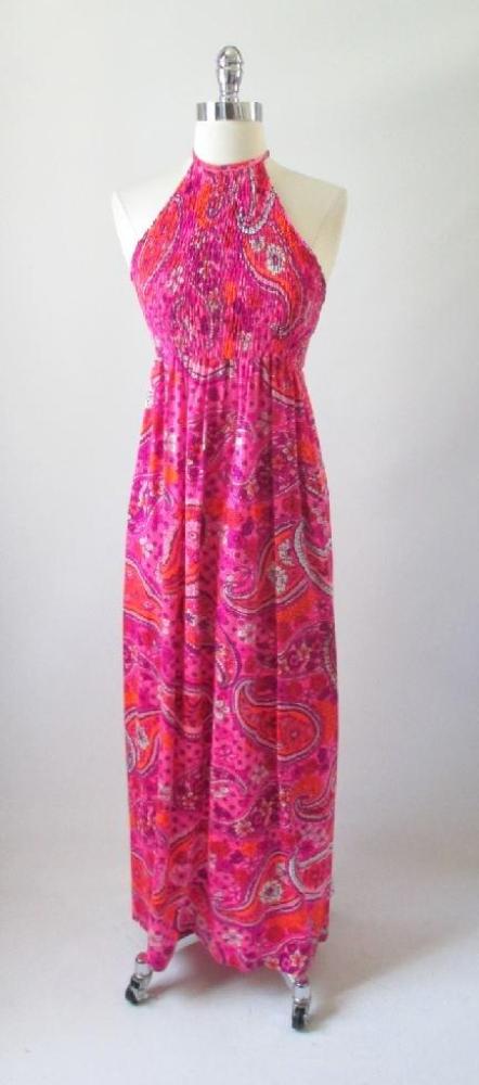 Vintage 60's 70's Psy Paisley Smocked Halter Dress M - Bombshell Bettys Vintage