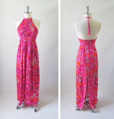 Vintage 60's 70's Psy Paisley Smocked Halter Dress M - Bombshell Bettys Vintage