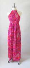 Vintage 60's 70's Psy Paisley Smocked Halter Dress M - Bombshell Bettys Vintage