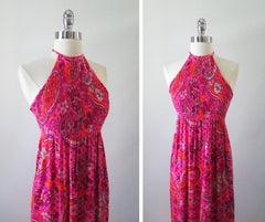 Vintage 60's 70's Psy Paisley Smocked Halter Dress M - Bombshell Bettys Vintage